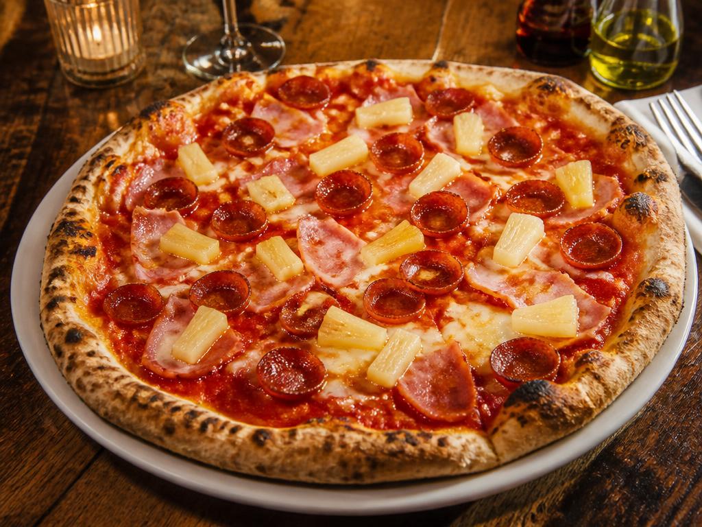 Diavola – Tomaattikastike, mozzarella, pepperoni, kinkku, ananas.