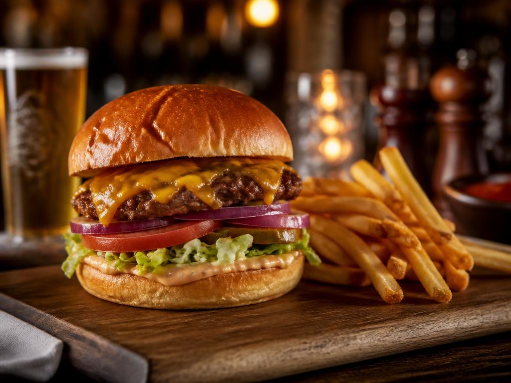 Smash Burger -ateria – Naudanlihapihvi, cheddarjuusto, salaatti, tomaatti, sipuli, suolakurkku, burgerikastike ja rapeat ranskalaiset.